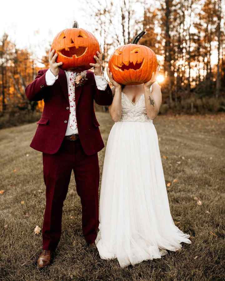 pumpkin head halloween wedding photos