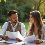 couple evaluating outdoor wedding venue logistics costs and styling options