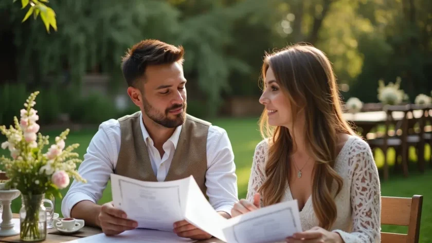 couple evaluating outdoor wedding venue logistics costs and styling options