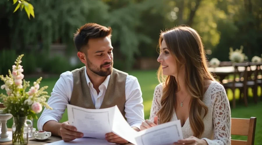 couple evaluating outdoor wedding venue logistics costs and styling options