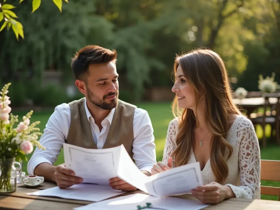 couple evaluating outdoor wedding venue logistics costs and styling options